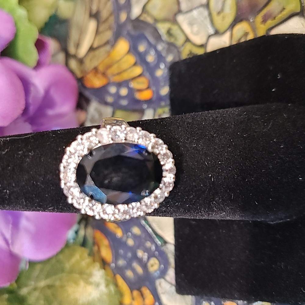 Sapphire & Diamond Silver (Faux) Fashion Cocktail Style Ring - Size 5 3/4